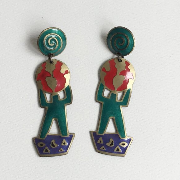 Vintage Edgar Berebi Enamel Figure World Earth Pierced Dangle Drop Earrings - Picture 1 of 2